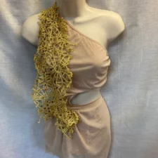 Nude sparkle skirted leotard with gold cobweb design