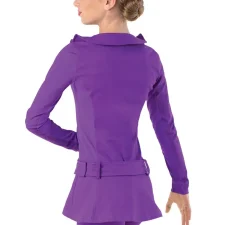 Purple biketard, belted jacket with ruffled collar and hat