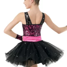 Pink and black skirted biketard with sequin lace overlay (hair piece not included)