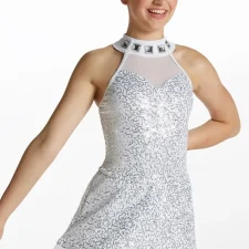 White sequin skirted leotard with halter neck and large sequin embellishments