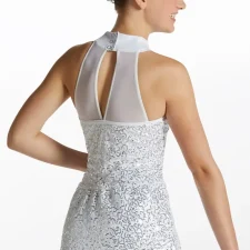 White sequin skirted leotard with halter neck and large sequin embellishments