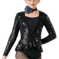Black sequin long sleeve leotard with peplum and hat