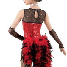 Black and red sequin leotard with feather bustle