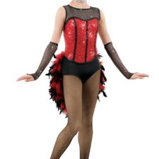 Black and red sequin leotard with feather bustle