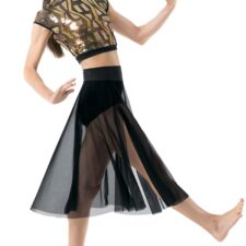 Black metallic crop top with rust crop top lining and chiffon skirt with attached briefs