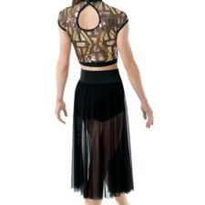 Black metallic crop top with rust crop top lining and chiffon skirt with attached briefs