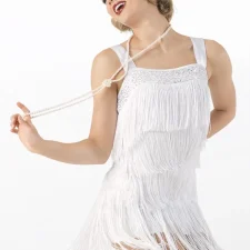 White flapper style fringed leotard (pearls and hair piece not included)