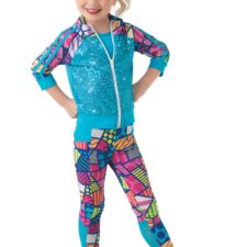 Turquoise and neon multi print hip hop catsuit with jacket