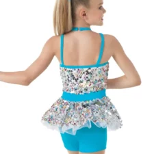 White and turquoise multi colour sequin biketard with tutu skirt (one feather accessory included)