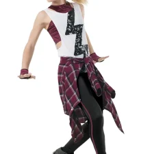 White shirt with zig zag design, burgundy and black crop top and matching leggings and mitts
