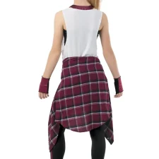 White shirt with zig zag design, burgundy and black crop top and matching leggings and mitts