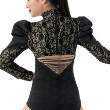 Black and metallic gold lace leotard with puff sleeve