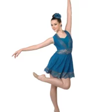 Turquoise silk and lycra skirted leotard with gold thread detail
