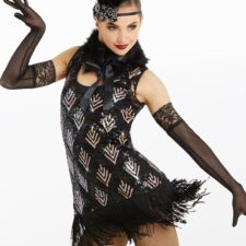 Black and multi colour sequin fringed dress with attached leotard (includes lace gloves and feather hairpiece, fur collar not included)