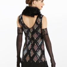 Black and multi colour sequin fringed dress with attached leotard (includes lace gloves and feather hairpiece, fur collar not included)