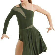 Olive leotard with single sleeve and half skirt