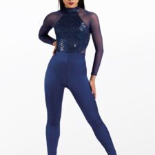 Navy catsuit with sequin bodice and mesh sleeves