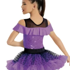 Electric purple skirted biketard with sequin bodice and black mesh neckline (large hair bow included)