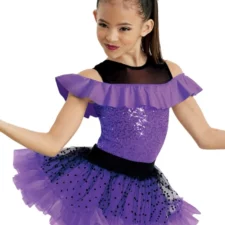 Electric purple skirted biketard with sequin bodice and black mesh neckline (large hair bow included)