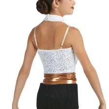 White, metallic copper and black fringed biketard with shirt front design (hat not included)