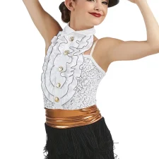 White, metallic copper and black fringed biketard with shirt front design (hat not included)