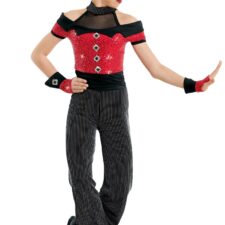 Red and black sequin all in one with pinstripe trousers and hat