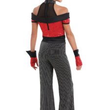 Red and black sequin all in one with pinstripe trousers and hat