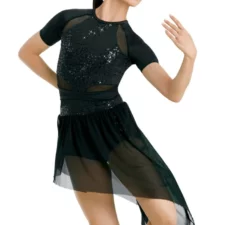 Black sequin skirted leotard with angled chiffon hem and mesh inserts