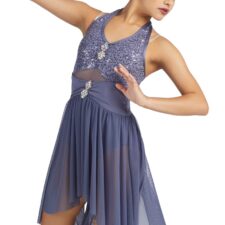 Slate blue skirted leotard with sequin bodice and diamante
