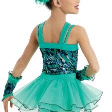 Emerald and blue sequin skirted leotard (with mitts and hair feather)