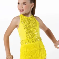 Yellow fringed biketard with sequin bodice