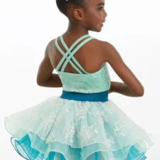 Pale blue velvet and sequin tutu with navy bow and floral detail