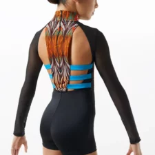 Native American inspired biketard with tribal design and mesh sleeves