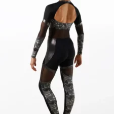 Black and grey catsuit with mesh accents
