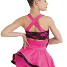 Hot pink biketard with skirt and black lace bodice