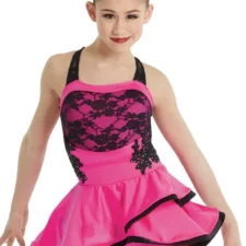 Hot pink biketard with skirt and black lace bodice