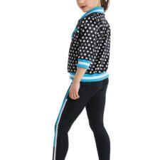 Turquoise, white and black catsuit with spotty jacket