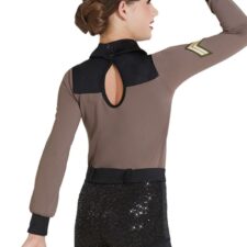Brown and black military biketard with sequin shorts