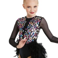 Black and multi colour sequin leotard with feather bustle and mesh sleeves
