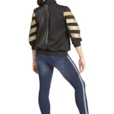 Hip hop black and gold jacket with denim leggings and sequin crop top