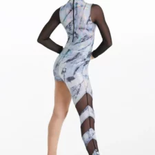 One leg catsuit with mesh sleeve and iridescent splatter paint design