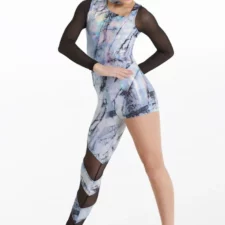 One leg catsuit with mesh sleeve and iridescent splatter paint design