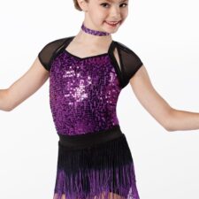 Purple sequin biketard with separate black mesh shrug, fringe skirt and tutu skirt (choker and feather hairpiece included)