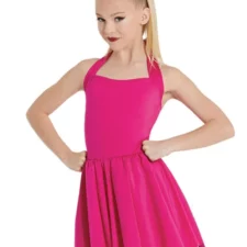 Hot pink skirted leotard with halter neck and diamante detail