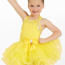 Yellow skirted leotard with silver sequin trim
