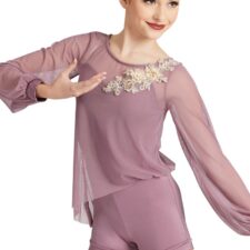 French mauve biketard with sheer bodice and sleeves