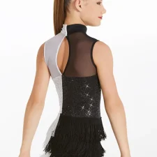 Black and white sequin fringed biketard