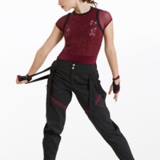 Black cherry and black sequin leotard and hip hop trousers with mitts and bandana