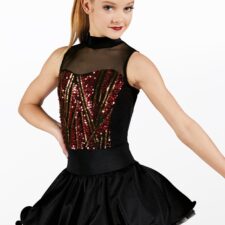 Red, gold and black sparkle skirted leotard with mesh neckline