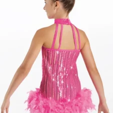 Hot pink sequin skirted biketard with feather skirt